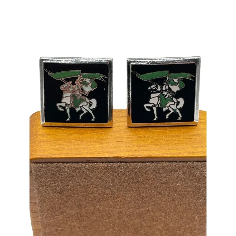 VTG Cufflinks Knight on White horse with Green flag in Silver tone‎ Hallmarked